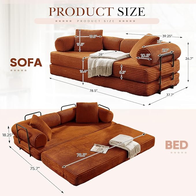 Modular Couch Bed, Convertible Folding Plush Corduroy Comfy Floor Memory Foam Compression Loveseat Sleeper Sofa Couch, King Size Bed for Guest Room Living Room Bedroom, No Assembly Required, Orange