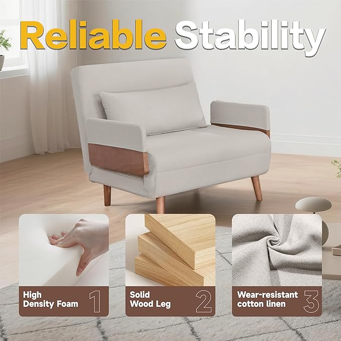 CITTANEO 34" Convertible Sleeper Chair, 3-in-1 Chair Bed Sleeper for Adults with 3-Position Adjustable Backrest, Pillow and Wooden Arms, Folding Sofa Bed for Apartment, Dorm, Office, Beige