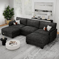 Modular Sectional U Shaped Sofa Couches for Living Room, Cloud Couch with Storage Ottoman, Comfy Chenille Sofa with Pillow, Black