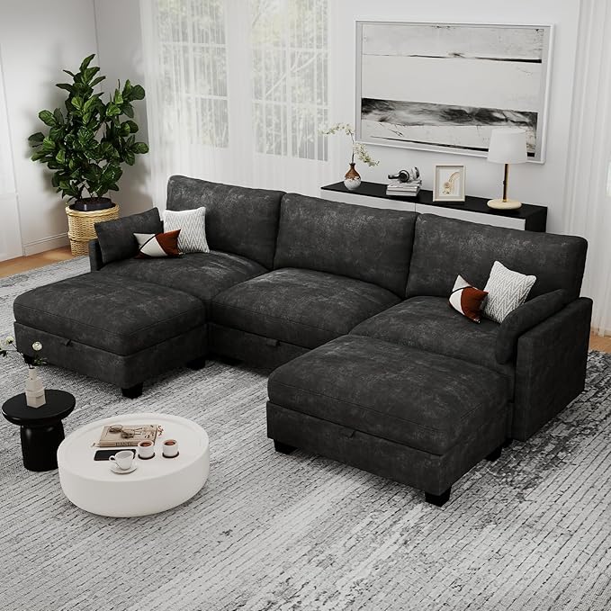 Modular Sectional U Shaped Sofa Couches for Living Room, Cloud Couch with Storage Ottoman, Comfy Chenille Sofa with Pillow, Black