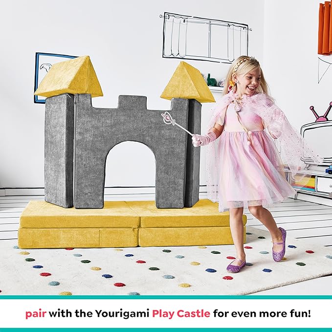 Yourigami Kids and Toddler Play Couch, Convertible Folding Sofa, Durable Foam Modular Design, Sunflower Yellow