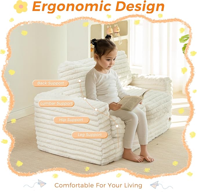MAXYOYO Extra Wide Kids Bean Bag Chair, Comfy Faux Fur Bean Bag Sofa with Filler, Upholstered Floor Sofa with Pillows and Armrests, Lazy Floor Chair Couch for Boys and Girls, Beige