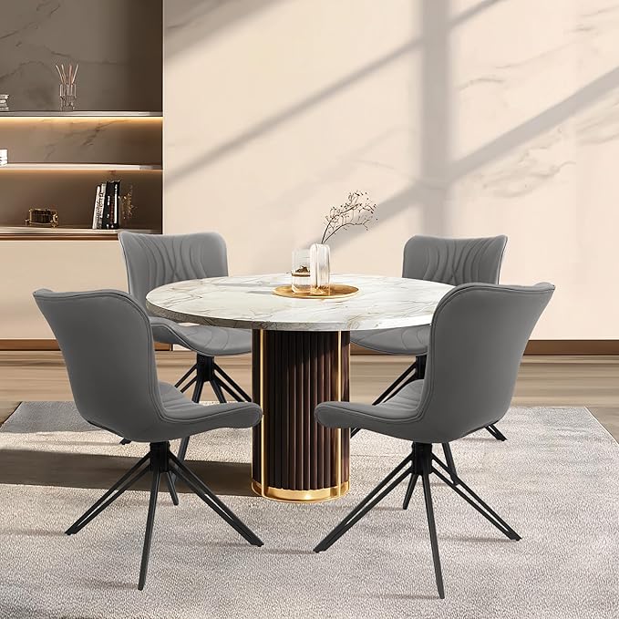 VATROS Dining Chairs Set of 6, 360° Swivel Upholstered Mid-Century Modern Kitchen Dining Room Chairs, Armless Faux Leather Accent Side Chair with Padded Back, Metal Legs for Living Room Bedrooms,Grey