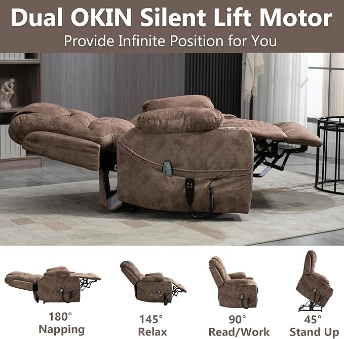 Oversized Power Lift Recliner Chair for Big and Tall, 25" Large Electirc Recliner Chair with Massage and Heating, Dual Motor Zero Gravity Recliner Sofa, Velvet, Brown