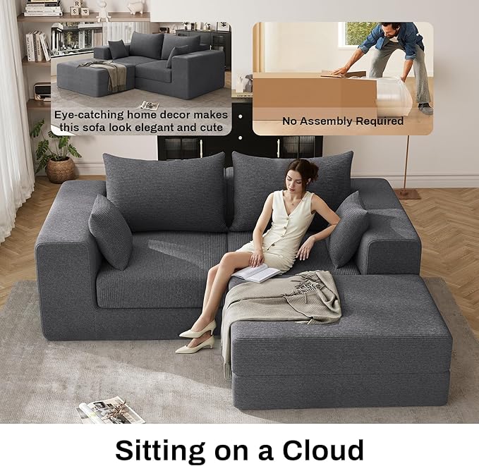 DAMAIFROM 80" Convertible Sleeper Sofa Bed with Soft Pillow, Corduroy Folding Mattress Couch with L-Shape Chaise, Modular Floor Sofa Lounge Couch for Living Room Bedroom Lounge (Grey)