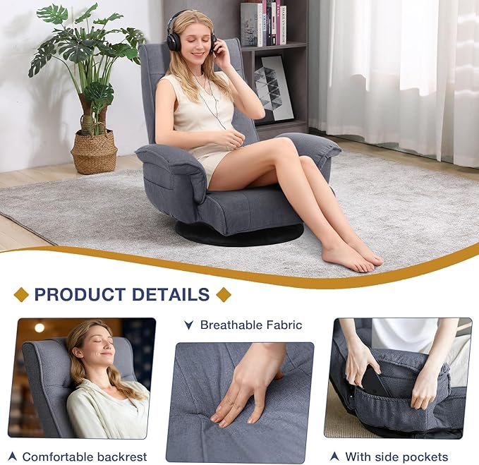 Linen Fabric Ergonomic Gaming Chair, 6-Position Reclining Sofa Bed with Lumbar Support, Foldable Floor Lounger with Thick Cushion, Armrests & Side Pockets for Esports, Reading, Napping (Grey)
