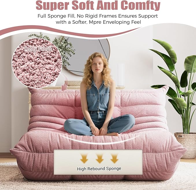 Selyteramy Bean Bag Chairs for Adults, Giant Bean Bag Chair Sofa with Memory Foam, Comfy Beanbag Loveseat Lazy Sofa for Living Room, Bedroom, Apartment, Pink