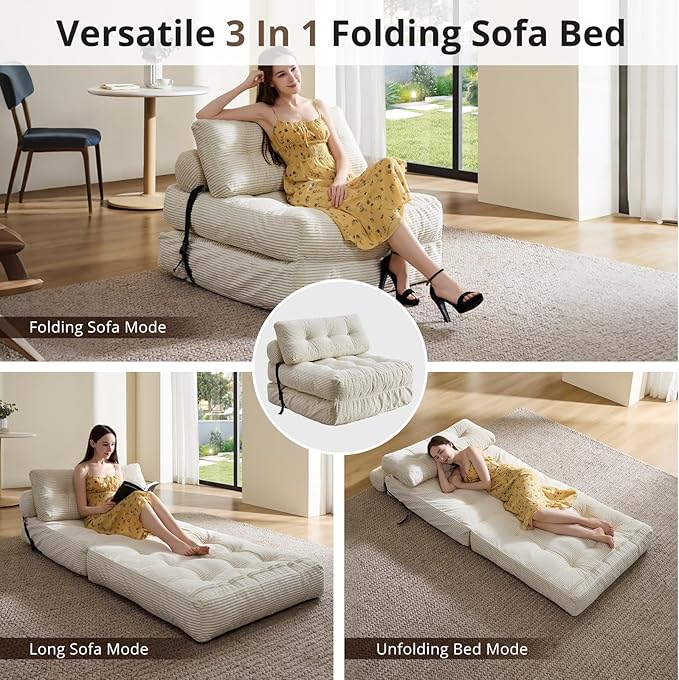 Convertible Sofa & Couch Bed - Oversized Adult Sleeper Chair & Bean Bag Chair, Foldable Floor Bed with Backrest, Comfortable Lazy Sofa for Bedroom, Living Room & Dorm (White, Single)