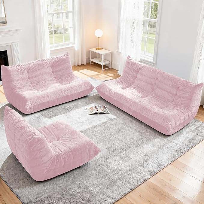 Bean Bag Loveseat Chair Big Sofa Beanbag Chair for Adults Fireside Chair Bean Bag Lounger with Memory Foam Filled for Home,Apartment or Gaming Venue（Pink Plush）