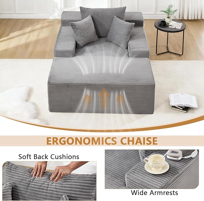 67.3'' Oversized Chaise Lounge Chair Indoor,Corduroy Boneless Couch with 3 Pillows Wide Armrest,Comfy Cloud Couch Sleeper Sofa Reading Chairs for Living Room Bedroom,No Assembly Required (Grey)