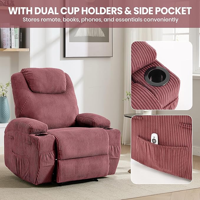 Massage Recliner Chair with Heat - Ultra-Comfortable Reclining (135° Adjustable), Dual Cup Holders & Side Storage Pockets, Easy Tool Assembly, Dark Green