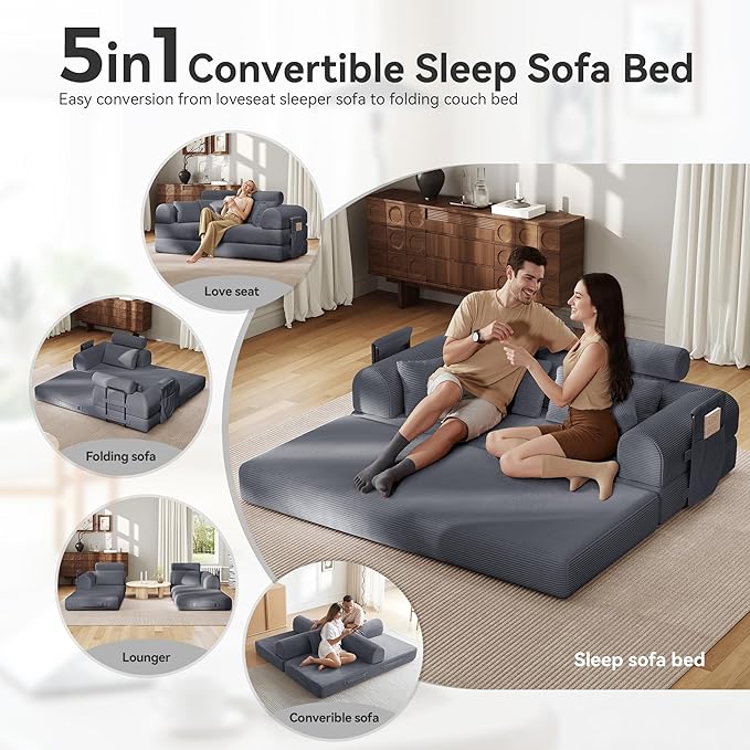 ZQRhome 2026 Upgrade Convertible Sofa Bed, 79 Inch Boneless Couch with Fixed-Shape Frame, Corduroy Fabric with High Backrest, Floor Sofa Modular Futon Couch for Living Room Bedroom Lounge (Dark Grey) | High Backrest, No Assembly, Convertible Sofa, Spac...