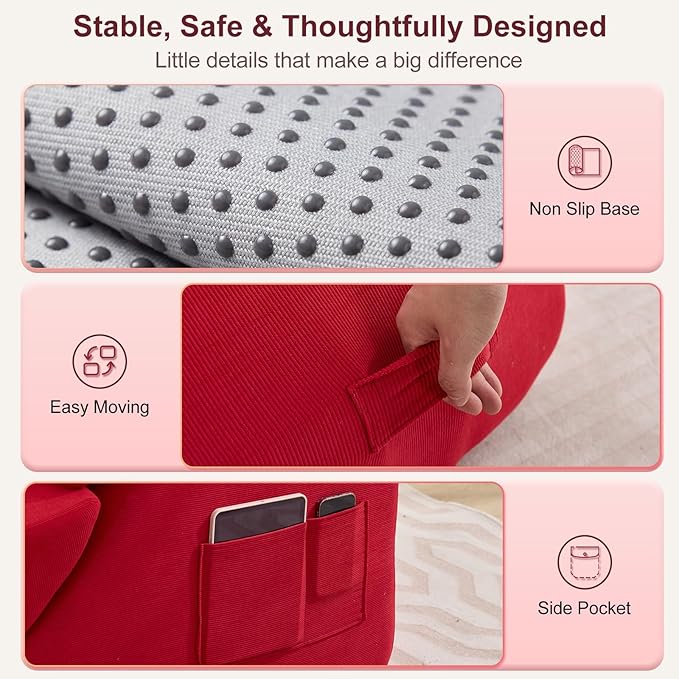 Yoga Chaise Lounge Chair, S-Shaped Floor Sofa with Moveable Headrest, Lumbar Pillow, Support Cushion, Footrest, Non-Slip Base, No-Assembly Lounger for Stretching, Meditation & Relaxation (Red)