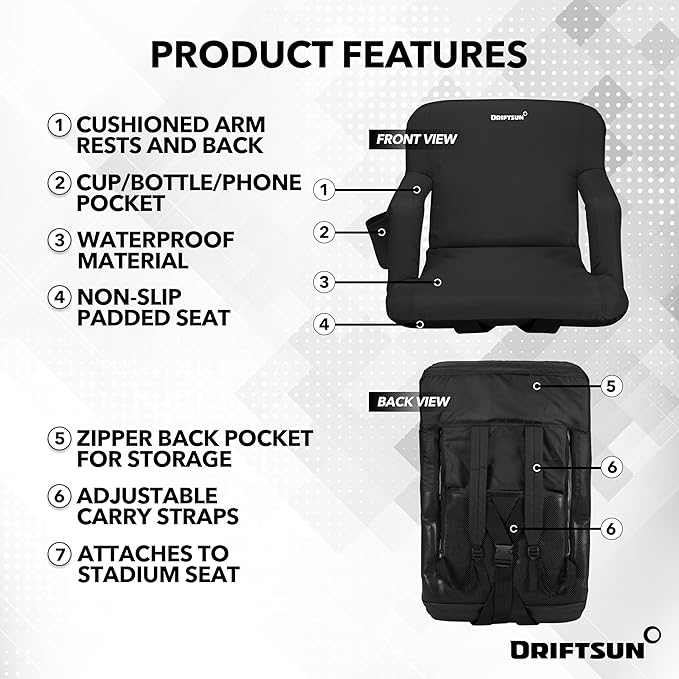 Driftsun 2 Pack Standard Size Stadium Seats with Back Support - Deluxe Foldable Stadium Chairs for Bleachers - Folding Waterproof Sport Chair - Easy to Transport