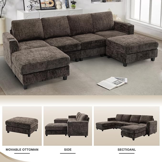 Lesofair 110" Convertible U-Shape Couch with 2 Flexible Ottomans, Soft Sectional Sofa with 2 Built-in Cup Holders, Chenille 4 Seats Sofa with Well-Filled Back Cushions for Living Room, House, Brown