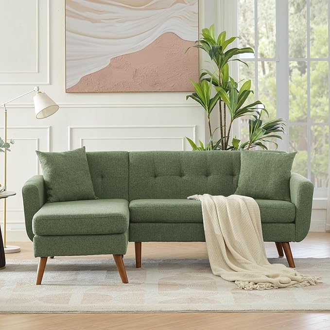 Tbfit L Shaped Couch Sofa, 80" W Mid-Century Modern Sectional Couches, 3 Seater Sofas with Wide Chaise Lounge, Button Tufted Upholstered Sectional Sofa for Living Room, Bedroom, Green | linen fabric, button tufted, solid wood foot, pocket spring, wood ...