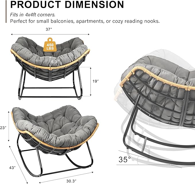 Outdoor Egg Rocking Chair, Indoor Papasan Rocking Chair with Thick Cushion, Modern Lounge Rocker for Balcony, Living Room, Bedroom, Porch, Lawn, Garden (Gray)