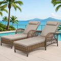 WINGTU Outdoor Chaise Lounge Chair Set of 2, PE Wicker Recliner Patio Reclining Sunbathing Chair with Cushion, 6-Position Patio Lounge Chair with Adjustable High Backrest, Armrest & Pillow, Beige