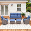 Pugire Luxury High Back Patio Furniture Set with 6-Inch Thick Cushions, 5-Pieces Outdoor Furniture with Swivel Chairs, Wicker Conversation Set for Porch, Balcony, Deck and Yard, Brown/Blue