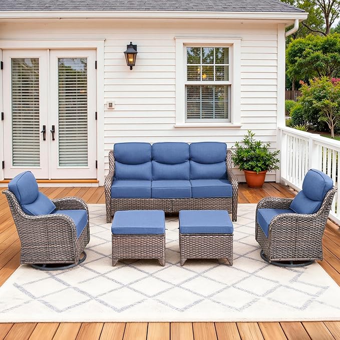 Pugire Luxury High Back Patio Furniture Set with 6-Inch Thick Cushions, 5-Pieces Outdoor Furniture with Swivel Chairs, Wicker Conversation Set for Porch, Balcony, Deck and Yard, Brown/Blue
