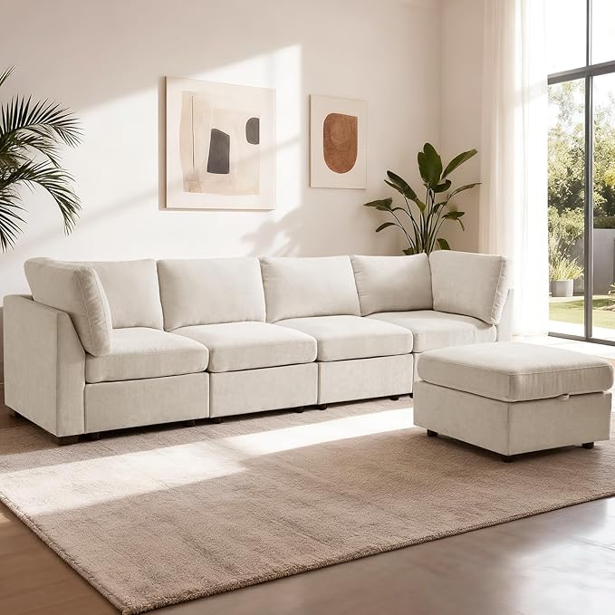 EDILLY 122 inches Oversized Modular Sectional Fabric Sofa Set, Extra Large L Shaped Couch Reversible Chaise Modular Sectional Couch,4 Seat Modular Sofa with Storage Ottoman, Linen Beige