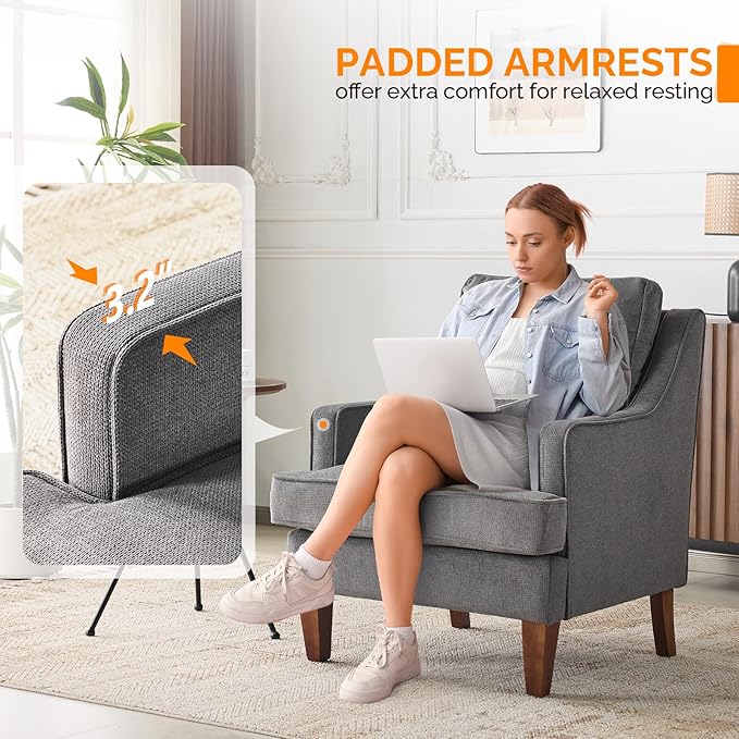 VINGLI Mid-Century Modern Accent Chairs Set of 2, Light Grey Upholstered Armchair Comfy Sofa Chairs Reading Chair High Back for Living Room Bedroom Furniture Apartment