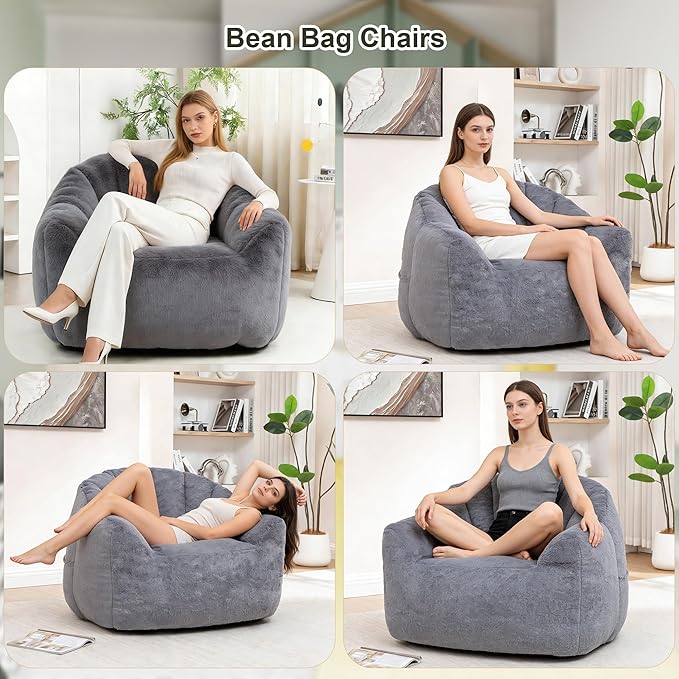 Bean Bag Chair, Bean Bag Couch for Adults and Kids, Comfy Shell-Shaped Chair with Filler Armrests Stuffed High-Density Foam Stuffed Sofa Lounge Floor Sofa for Bedroom,Gaming, Reading,Gray