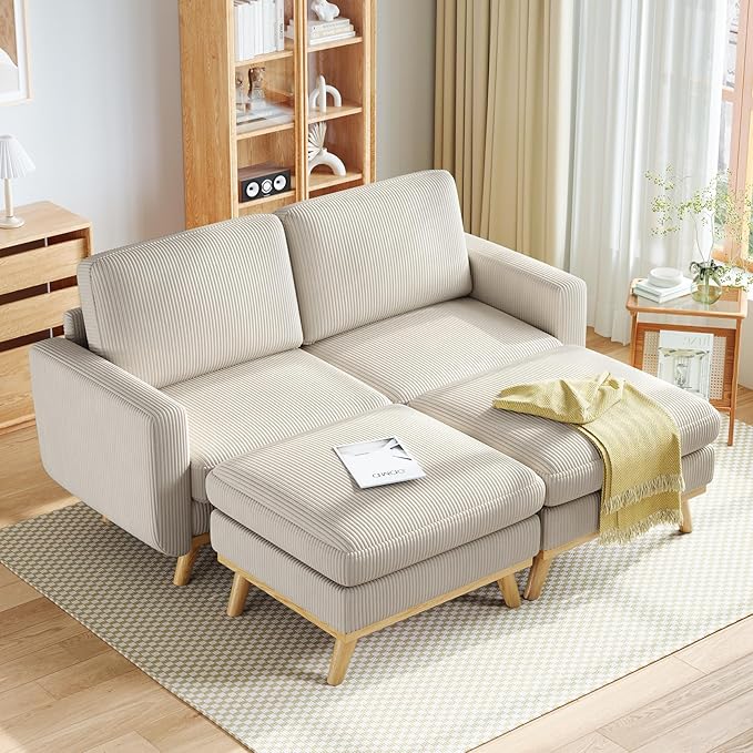 Vesgantti 68" Loveseat Sofa with Movable Ottoman, Comfy Corduroy Couch with Spring Cushion, Sofa Couch with Solid Wood, Modern Office Sofa with Deep Seat for Living Room and Bedroom, Light Gray