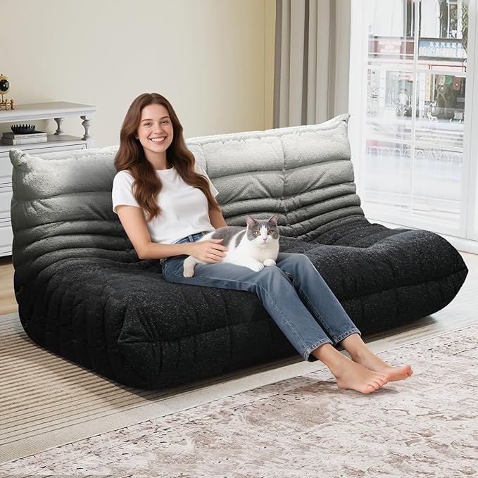 Selyteramy 3 Seat Oversized Bean Bag Chairs for Adults, Memory Foam Fireside Beanbag Couch, Comfy Bean Bag Lounger Lazy Sofa for Living Room, Bedroom, Playroom, White + Black
