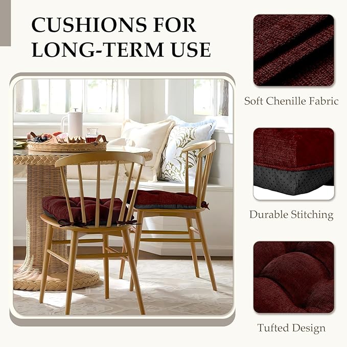HARBOREST Chair Cushions for Dining Chairs Set of 2 - Chenille Tufted Kitchen Chair Cushions with Ties and Non-Slip Bottom, Foam Chair Pads for Dining Chairs, 17" x 17", Burgundy