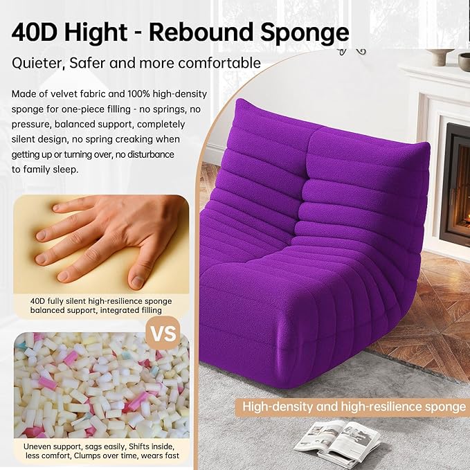 Bean Bag Chairs for Adults, BeanBag Reading Chair Memory Foam Couch, Floor Chair Soft Teddy Material, Comfy Reading Nook Chairs for Bedroom Living Room Office (Purple)