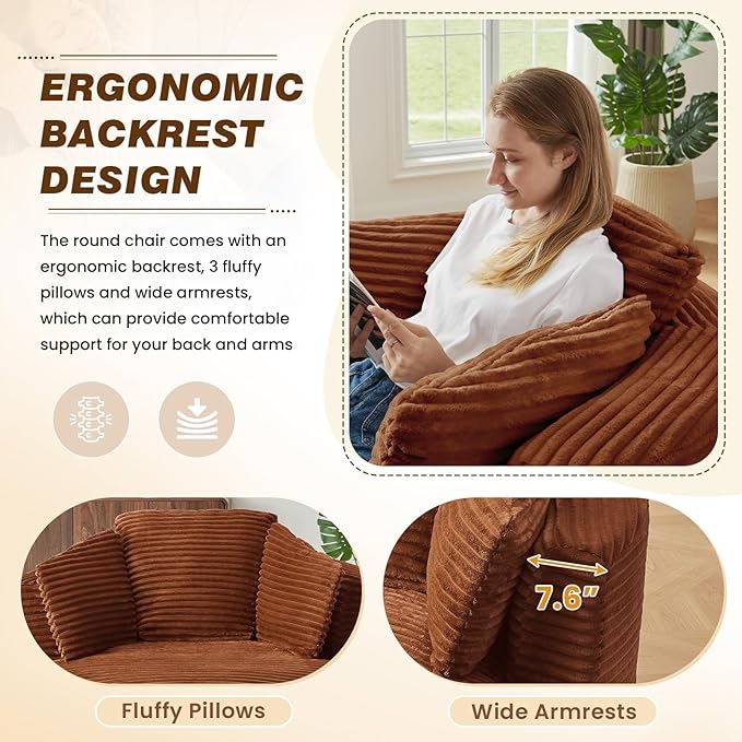 48"W Oversized Round Chaise Longue Chair Indoor,Corduroy Fluffy Comfy Cloud Chair,Circle Bean Bag Sofa with Foam Filling & Pillows,Boneless Reading Cozy Sofa Chairs for Living Room,Bedroom,Orange