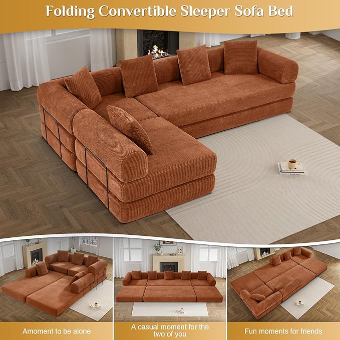 DAMAIFROM 157" Convertible Sleeper Sofa Bed Set with Pillow, 4-in-1 Corduroy Folding Mattress Boneless Couch with Fixed-Shape Frame, Fold Out Floor Sofa Cama Lounge Couch for Living Room, Orange