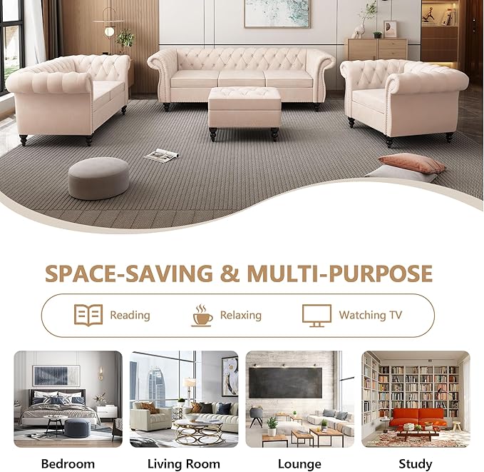 QHITTY Accent Sofa, Chesterfield Loveseat Modern Velvet Couch Upholstered Sofa with Tufted Back for Living Room Furniture (Beige)