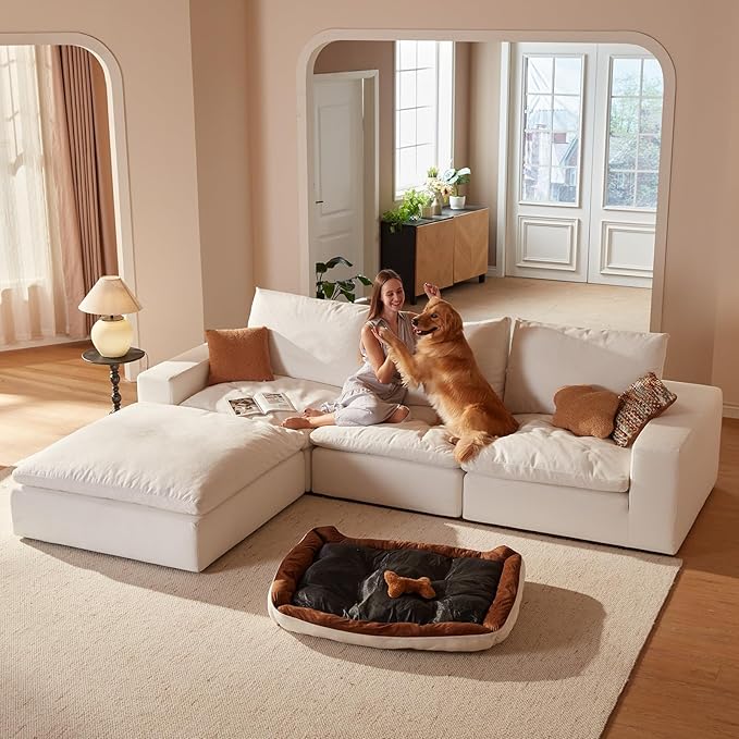Vorthio Cloud Couch Sectional Oversized Modular Sofa with 35'' Deep Seat Boneless Couch L-Shape Comfy Sofa Stain-Resistant White Sectional Couches for Living Room Apartment 3 Seater + 1 Ottoman