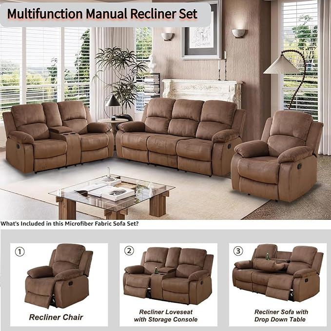Manual Reclining Sofa Set with Drop-Down Table, Corduroy Sofa Sets, Living Room Furniture Sets, Modern Manual Recliner Sofa Sets with Storage Console for Living Room (Brown, Sofa+Loveseat+Chair)
