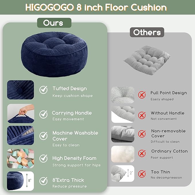 8" Washable Floor Pillow Cushion for Adults, Meditation Cushion Pillow, Large Round Floor Sitting, Removable Tufted Corduroy Cover, for Tatami Living Room or Yoga, 22x22 Inch, Machine Washable