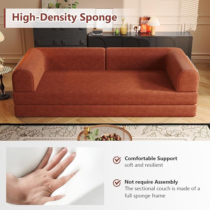 Convertible Sleeper Sofa Bed Boneless Cloud Comfort Orange Futon Couch for Lounging & Sleeping, Removable & Washable Corduroy Sofa Cover, Floor Sofa Folding Mattress for Guests, Small Spaces