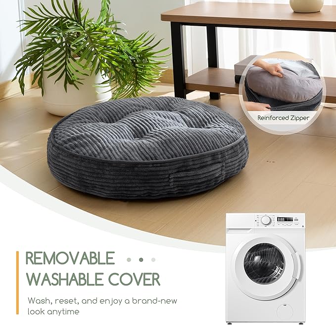 Washable Floor Pillow Cushion for Adults, Meditation Cushion Pillow, Large Round Floor Sitting, Removable Tufted Corduroy Cover, for Tatami Living Room or Yoga, 22x22 Inch, 2Pack, Machine Washable