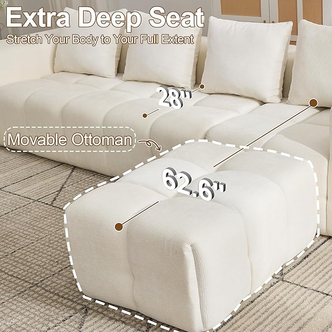 119" Boneless Couch, Cloud Sectional Couch with Deep Seat, High-Density Memory Foam and Chaise, Sectional L Shaped Sofa, Boneless Couches for Living Room, No Assembly Required Tufted Sofa, Beige