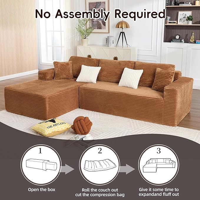 Opiesit 108" Boneless Couches for Living Room, Modular Sectional Sofa with Oversized Chaise, L-Shape Cloud Couch with Deep Seat, High-Density Memory Foam, No Assembly Required, Plush Corduroy Brown