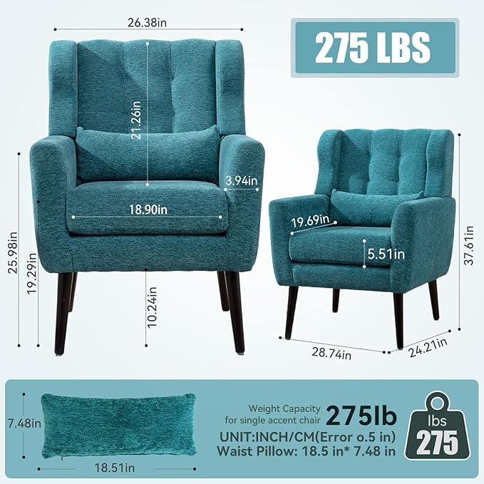 QKFF Accent Chair Set of 2, Upholstered Armchair with Pillow, Fabric Single Sofa Chair with Lounge Seat and Wood Legs Accent Chair for Living Room Small Spaces (Teal)