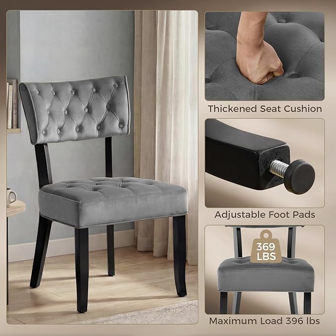 UVV Upholstered Dining Chairs Set of 6, Mid Century Modern Tufted Kitchen Chairs Dining Room Chairs, Velvet Dinner Chair with Wood Legs for Dining Room Kitchen, Dark Grey-Black Legs