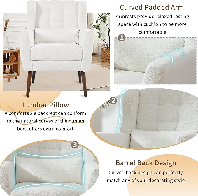 QKFF Modern Accent Chair, Upholstered Armchair with Pillow, Teddy Single Sofa Chair with Lounge Seat and Wood Legs Accent Chair for Living Room Bedroom Small Spaces