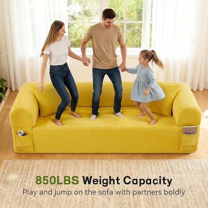 GJQ 3 Seater Boneless Couches for Living Room,Corduroy Couch with 2 Pillows & Storage,Memory Foam Couch in a Box,Compressed Floor Sofa with Armrests,No Assembly Required Cloud Sofa,Yellow