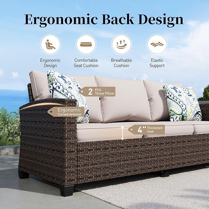 Patio Furniture Set Outdoor Furniture Brown Wicker Rattan Patio Conversation Sets with Cushion Outside Sofa Set,7 Pieces with Rectangular Firepit Table,9 Seats,Beige