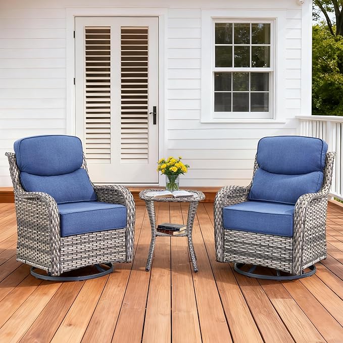 Pugire Luxury Outdoor Swivel Rocker Patio Chairs Set of 3, High Back Swivel Patio Chairs with Side Table & 6-Inch Thick Cushions, Wicker Outdoor Bistro Set for Porch, Yard, Deck, Poolside, Grey/Blue