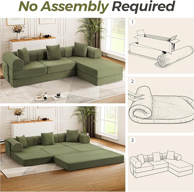 106.3" Oversized Convertible Sleeper Sofa Bed, L Shape Modular Sectional Cloud Sofa with Fixed-Shape Frame, Boneless Couch with Storage Pocket for Living Room, No Assembly Required, Green