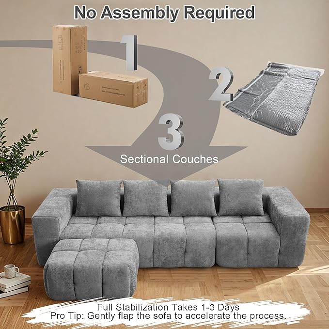 119" Boneless Couch, Cloud Sectional Couch with Deep Seat, High-Density Memory Foam and Chaise, Sectional L Shaped Sofa, Boneless Couches for Living Room, Tufted Sofa No Assembly Needed, Light Grey
