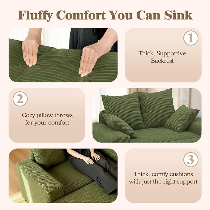 Indoor Chaise Lounge Chair with Storage Ottoman, Modern 60-Inch Lounge Sofa Chair with Wide Armrests & 4 Pillows, Oversized Comfy Reading Lounger for Living Room, Bedroom（Medium-Rib Corduroy Green）